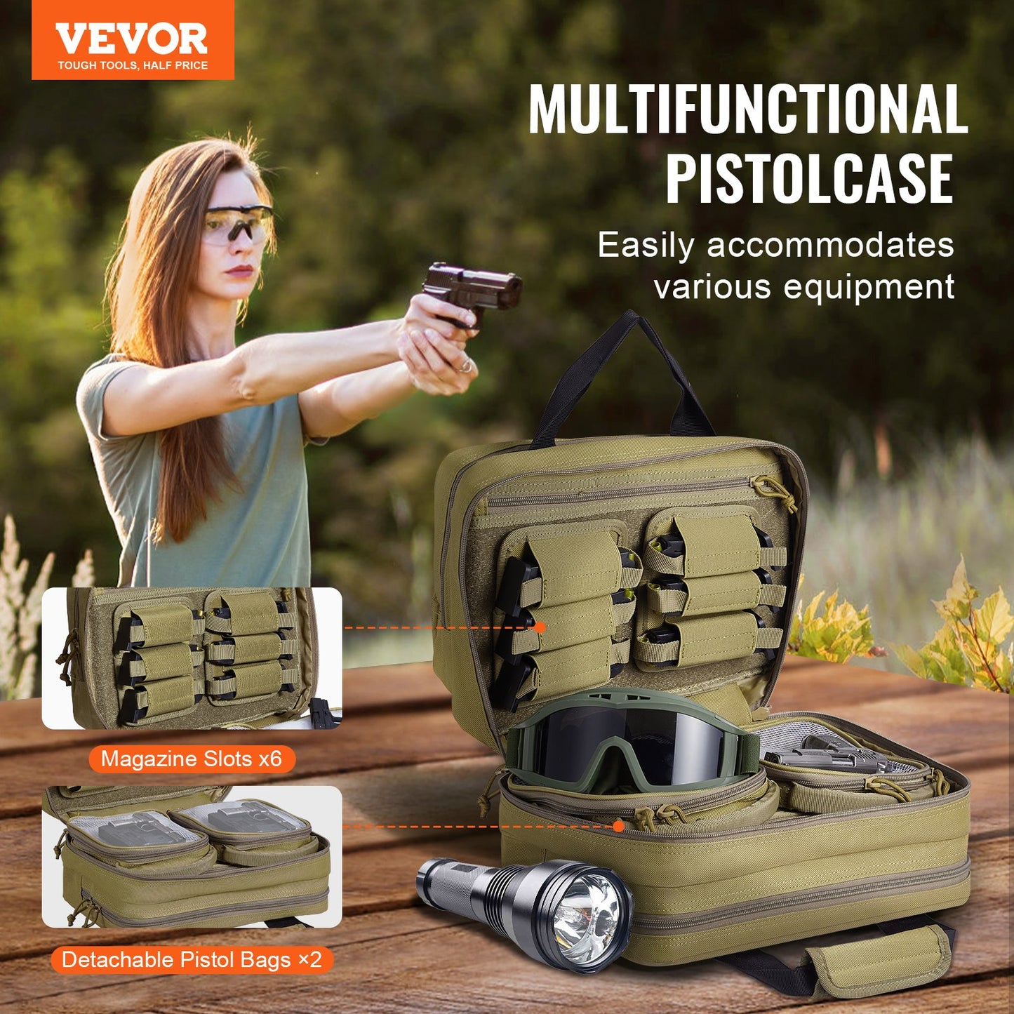 Range Bag For 2 Pistols Tactical Gun Bag 2 Built-in Pistol Bags Brown，Range Bag For Handguns Gun Case Bag With Lockable Zipper For Shooting Range Outdoor Hunting