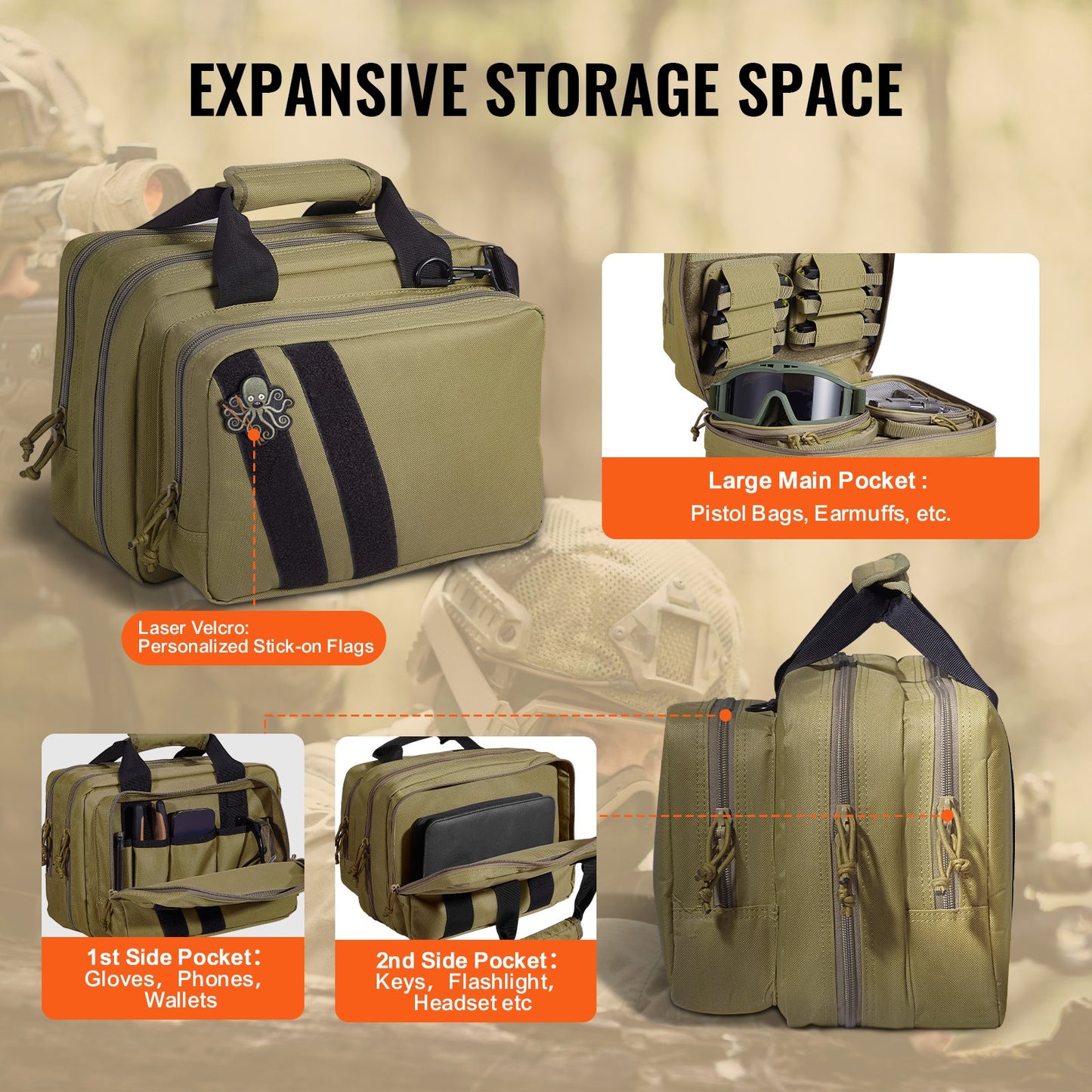 Range Bag For 2 Pistols Tactical Gun Bag 2 Built-in Pistol Bags Brown，Range Bag For Handguns Gun Case Bag With Lockable Zipper For Shooting Range Outdoor Hunting